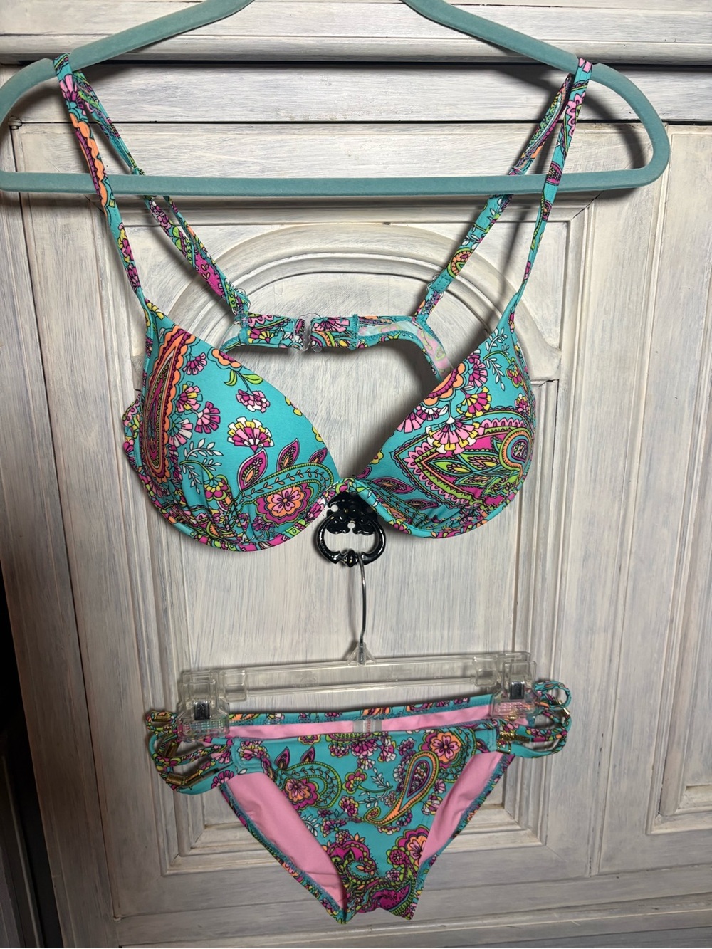 Gossip Girl Aqua Paisley Printed Push Up Bikini Preppy Resort Beach Vibrant